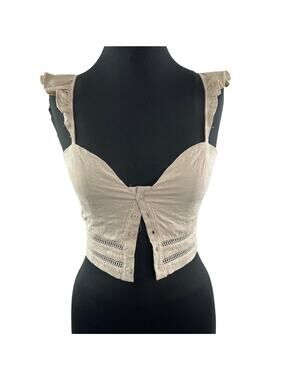 Rumor Beige Crop Top Smocked Sweetheart Button-Up Flutter Ruffle Sleeve Sz 8 NEW